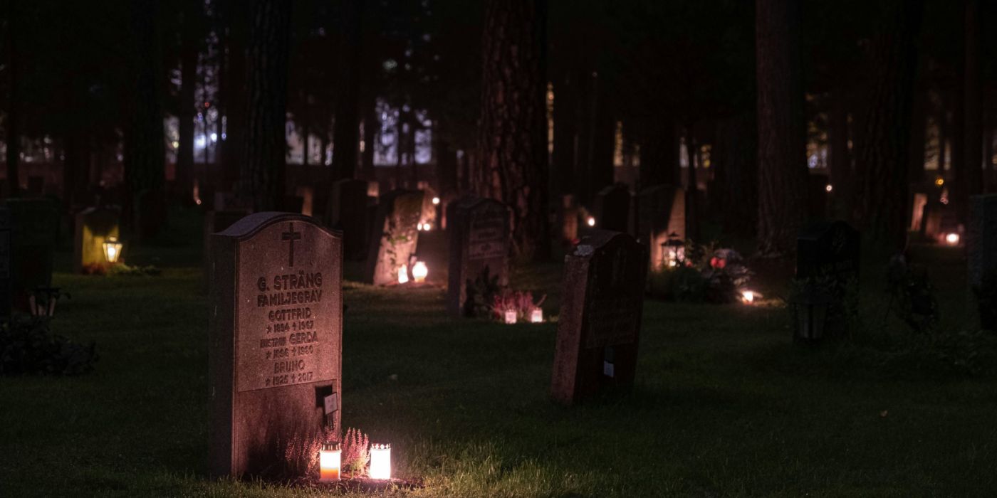 Grablichter auf einem Friedhof an Allerheiligen